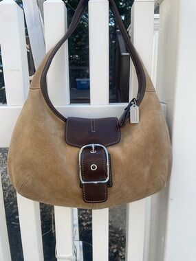 Coach Tan Suede Shoulder Hobo with Brown Leather Trim